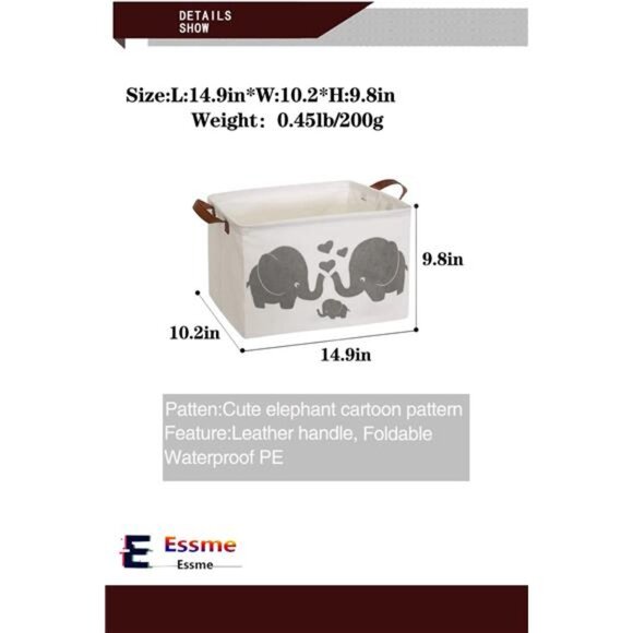 Rectangular Baby Storage Basket,Elephant Storage Bins with Handles for Nursery - Picture 3 of 6